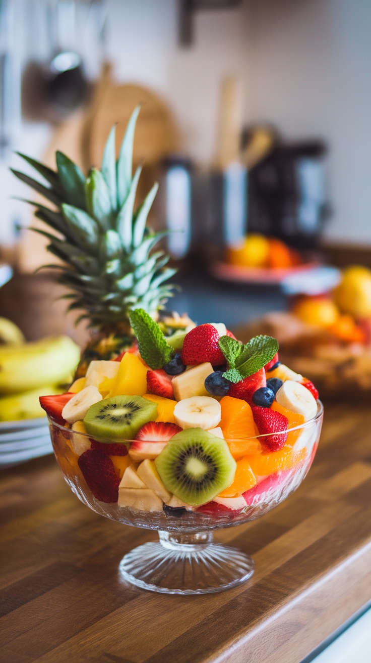 Ensalada de frutas tropical en un tazón de cristal, con fresas, kiwi, piña y otros ingredientes frescos.