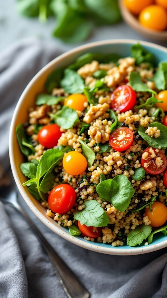 Ensalada de quinoa con espinacas, tomates cherry y nueces en un tazón