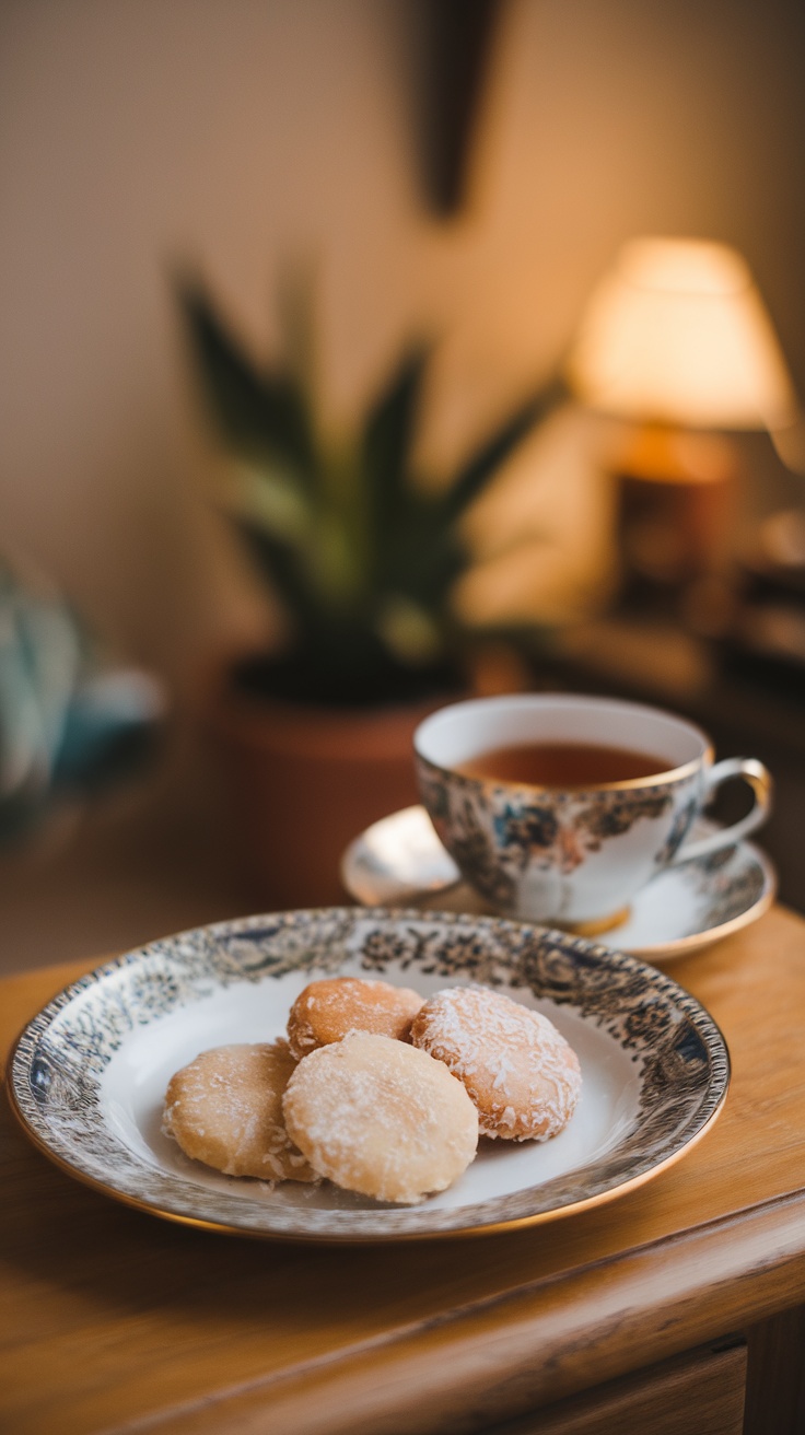 Galletas de almendra y coco en un plato decorativo junto a una taza de té