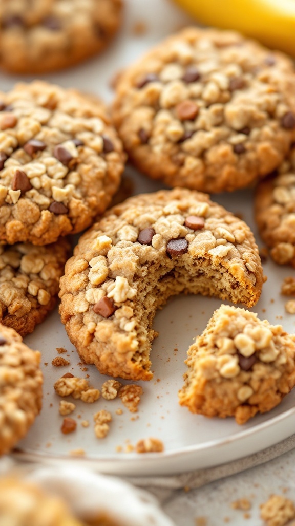 Galletas de avena y plátano en un plato, algunas con mordidas y chispas de chocolate