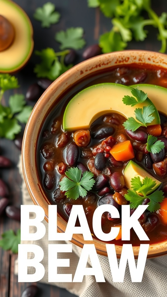 A delicious bowl of black bean stew garnished with avocado and cilantro.