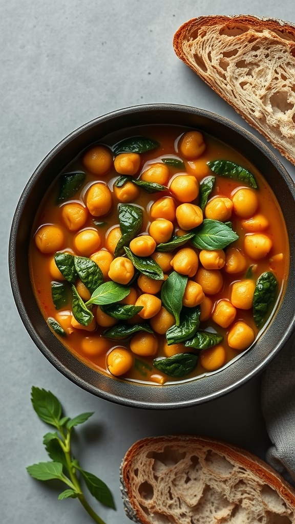 Guiso de garbanzos y espinacas servido en un cuenco negro con pan al lado.