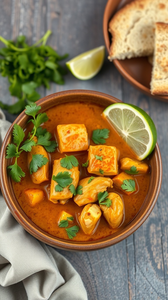 Guiso de pollo al curry en un tazón de barro con limón y cilantro