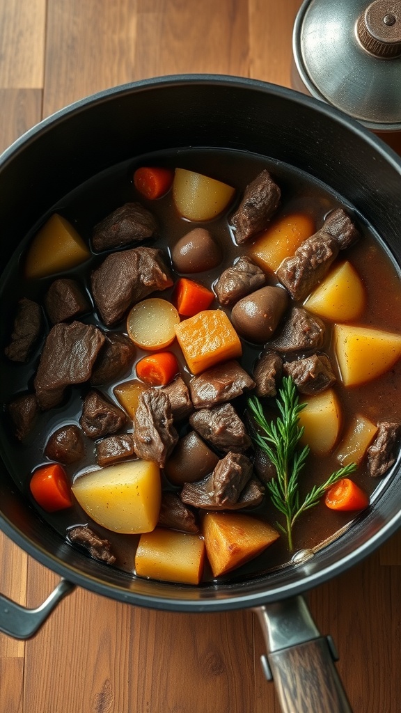 Guiso de ternera con papas en una olla