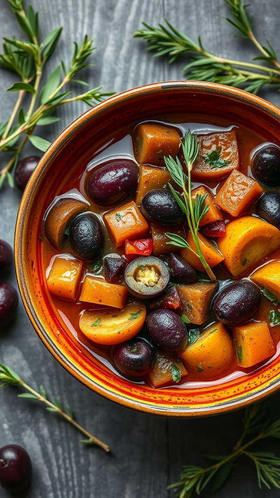 Guiso de verduras mediterráneo con calabaza, aceitunas y hierbas frescas en un tazón