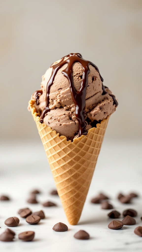 Helado de plátano y cacao en un cono, decorado con chocolate derretido y chispas de chocolate alrededor.