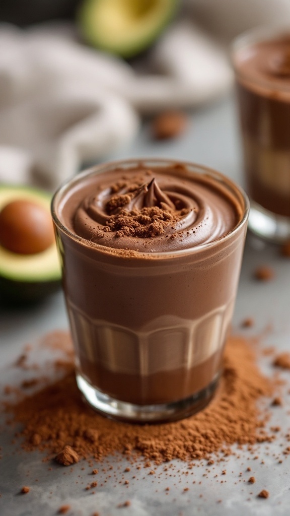 Mousse de chocolate raw con aguacate en un vaso, decorado con cacao en polvo.