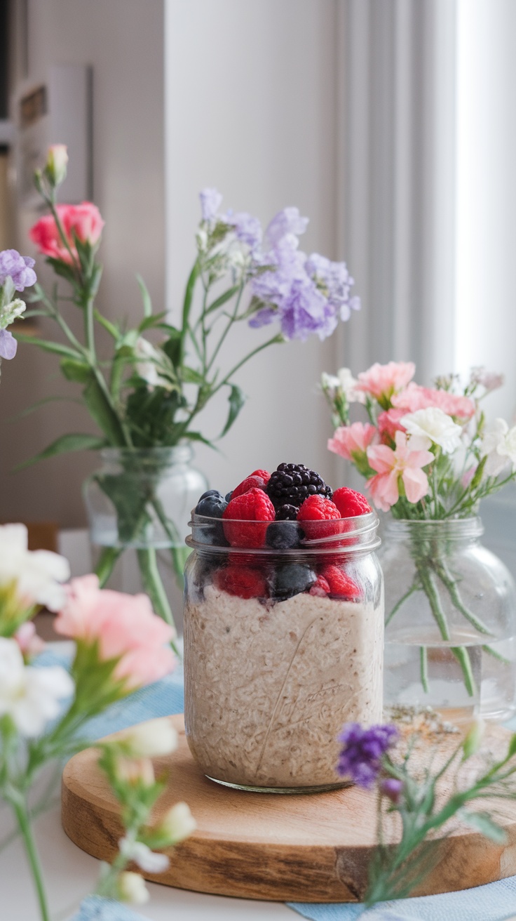 Un tarro de overnight oats con frutos rojos sobre una tabla de madera, rodeado de flores.