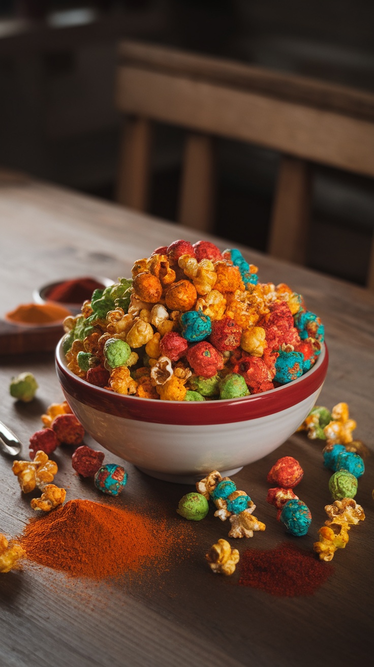 Bowl lleno de palomitas de maíz de colores brillantes con especias en la mesa