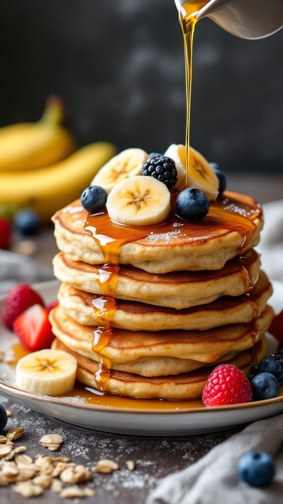 Pancakes de avena y plátano sin gluten con frutas y jarabe