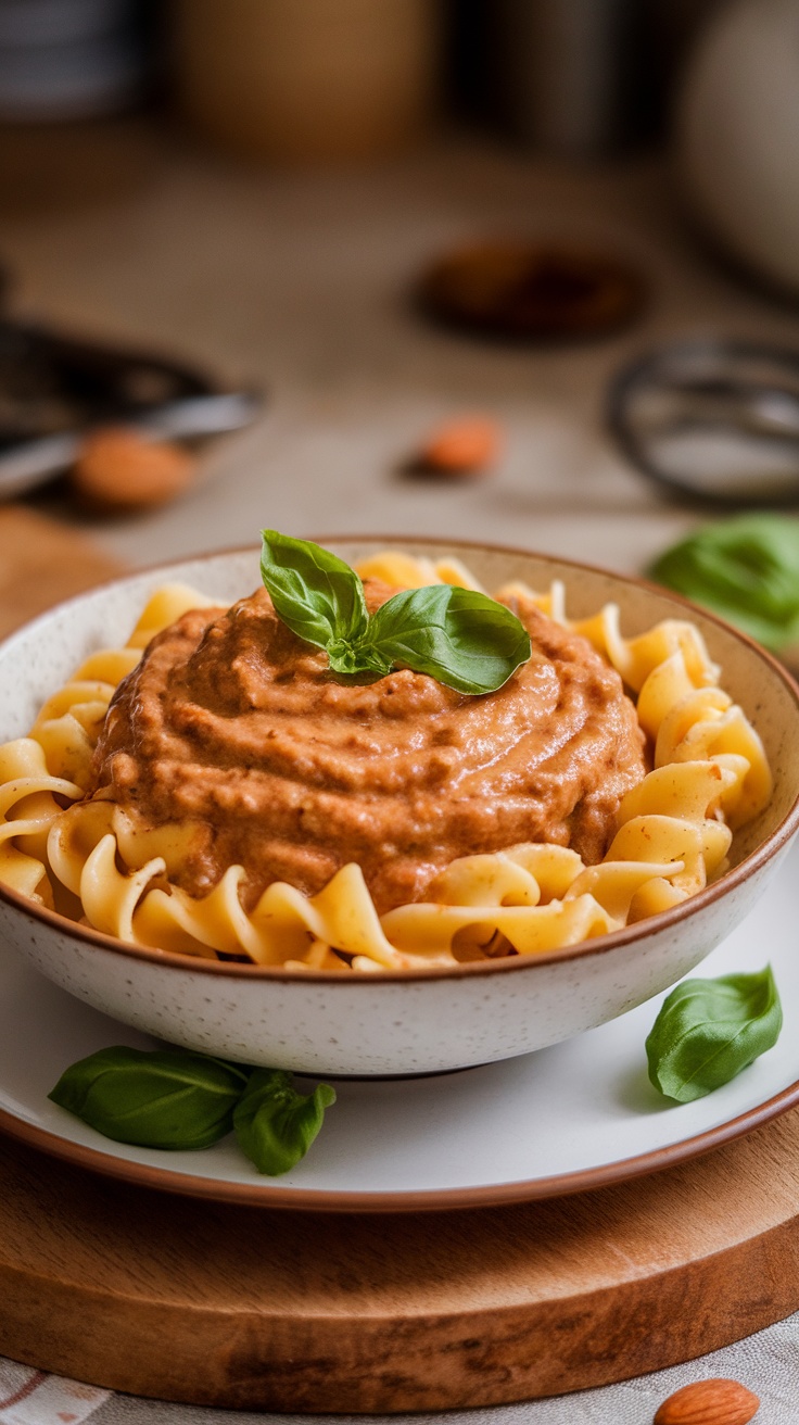 Plato de pasta vegana con salsa de almendras decorado con hojas de albahaca.