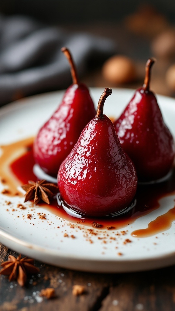 Tres peras al vino tinto con especias en un plato blanco.