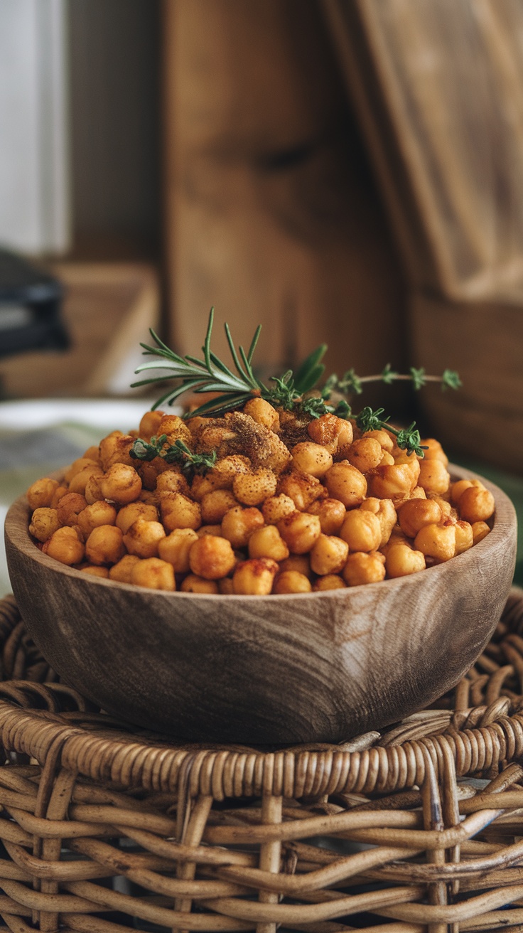 Bowl con piedras de garbanzos tostados sazonados, decorado con hierbas frescas.