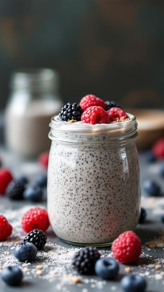 Pudding de chía en un frasco con frambuesas y moras encima