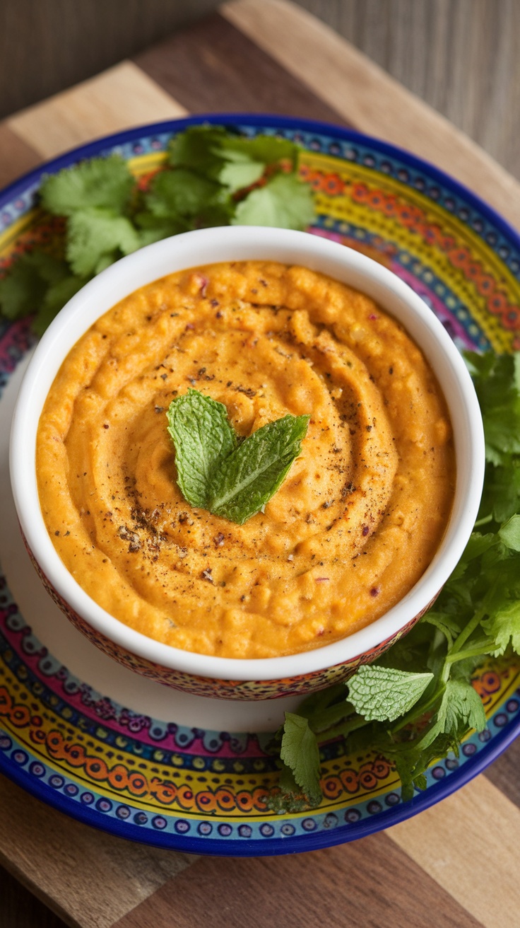 Un tazón de queso de lentejas de color naranja decorado con hoja de menta sobre un plato colorido.