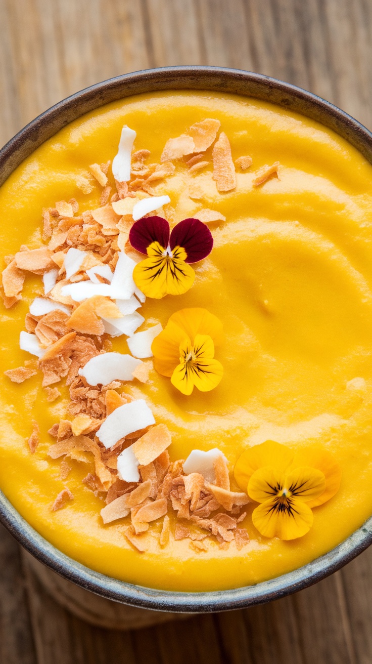 Smoothie bowl amarillo decorado con coco y flores comestibles.