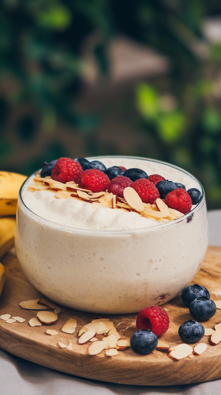 Smoothie bowl blanco con frambuesas, arándanos y almendras