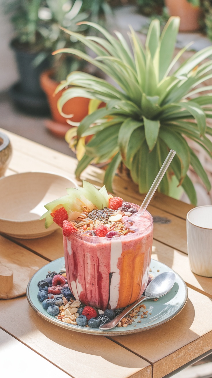 Smoothie bowl decorado con frutas y nueces en un plato colorido.