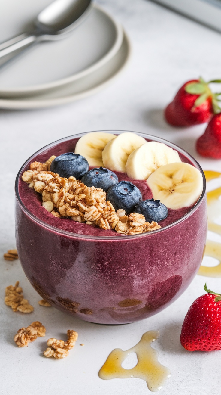 Smoothie bowl morado con arándanos, plátano y granola sobre una mesa blanca.