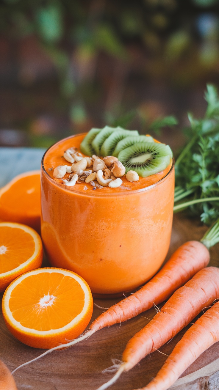 Smoothie bowl naranja con toppings de kiwi y frutos secos