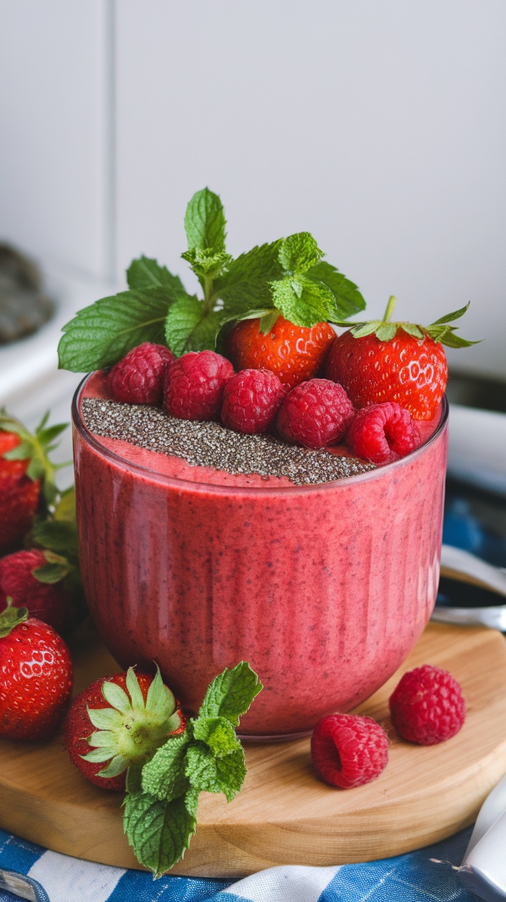 Smoothie bowl rojo con fresas, frambuesas y chía, decorado con menta.