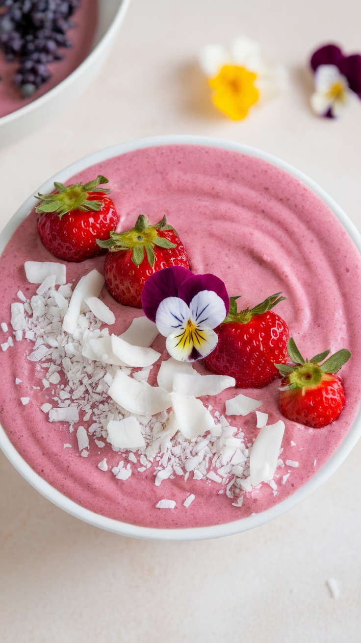 Smoothie bowl rosa con fresas, coco rallado y flores comestibles