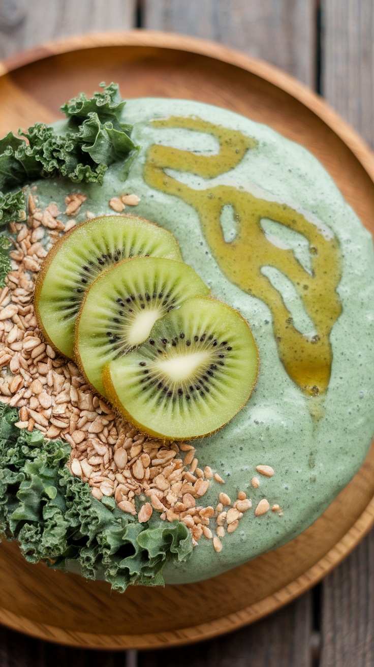 Smoothie bowl verde con kale y kiwi, decorado con semillas y salsa.