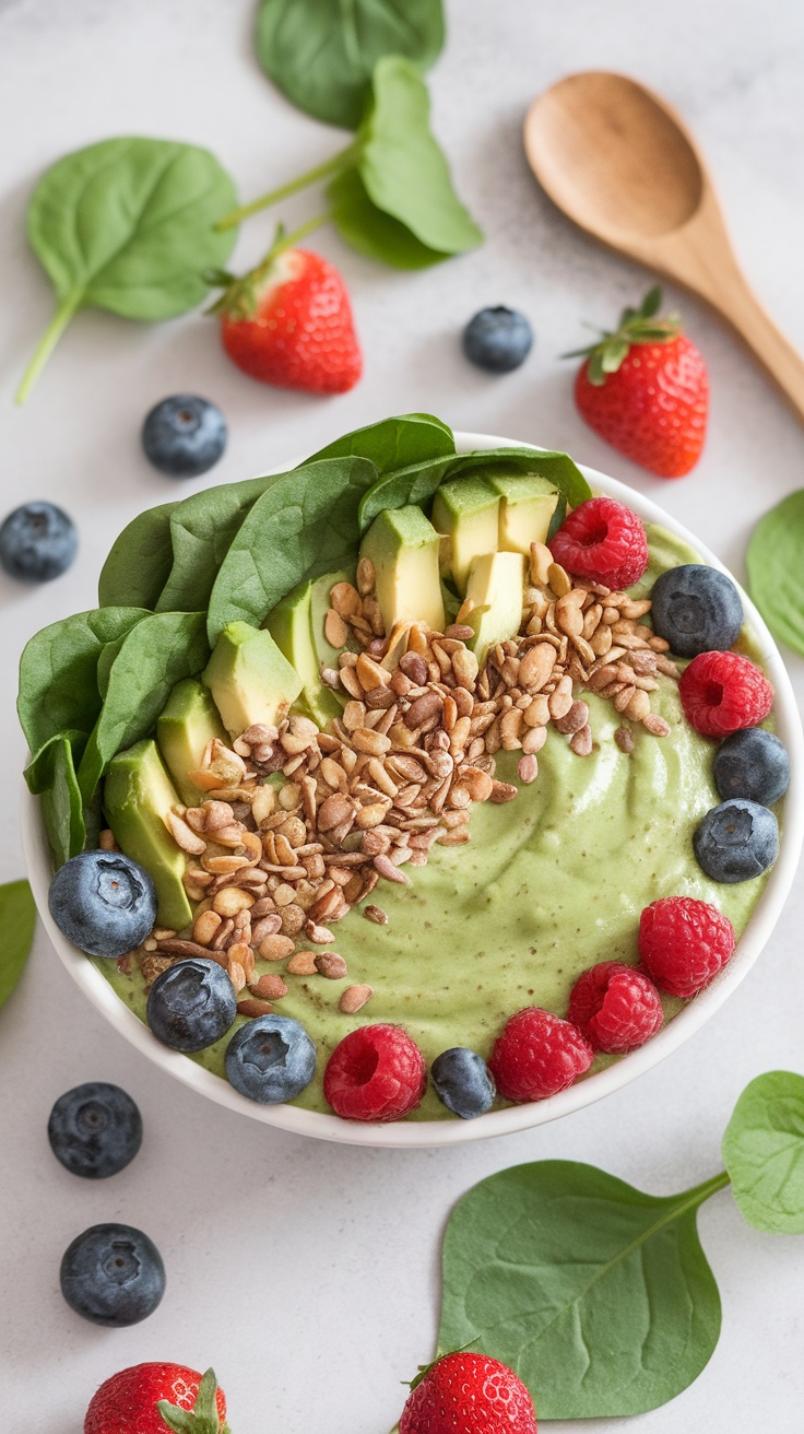 Smoothie bowl verde decorado con espinacas, rodajas de aguacate, fresas, arándanos y semillas.