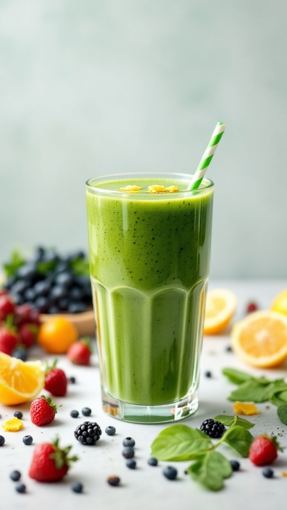 Un vaso de smoothie verde con espirulina, decorado con frutas frescas alrededor.