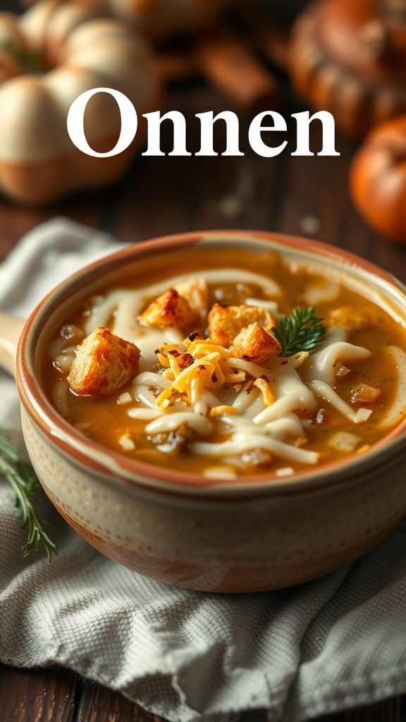 Sopa de cebolla gratén con queso y picatostes en un tazón de cerámica