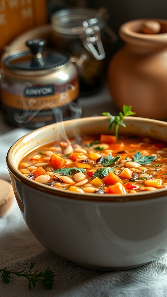 Un tazón de sopa de lentejas con verduras humeante, decorado con perejil fresco.