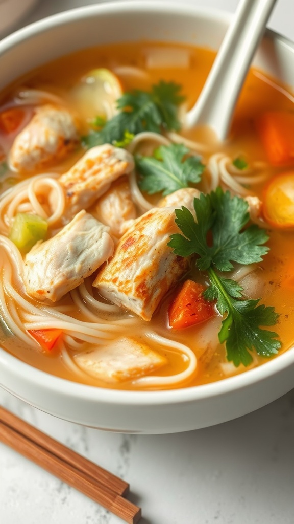 Bowl of chicken soup with rice noodles, garnished with vegetables and herbs