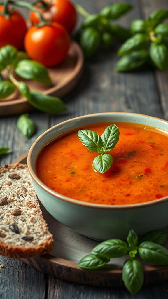 Deliciosa sopa de tomate y albahaca en un plato con pan al lado.