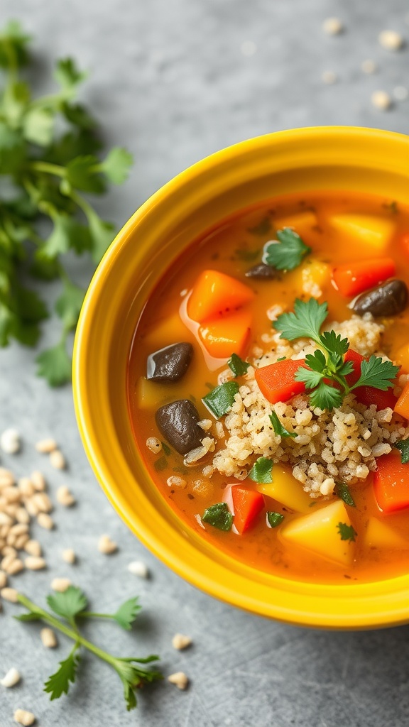 Sopa de verduras con quinoa en un tazón amarillo, decorada con perejil fresco.