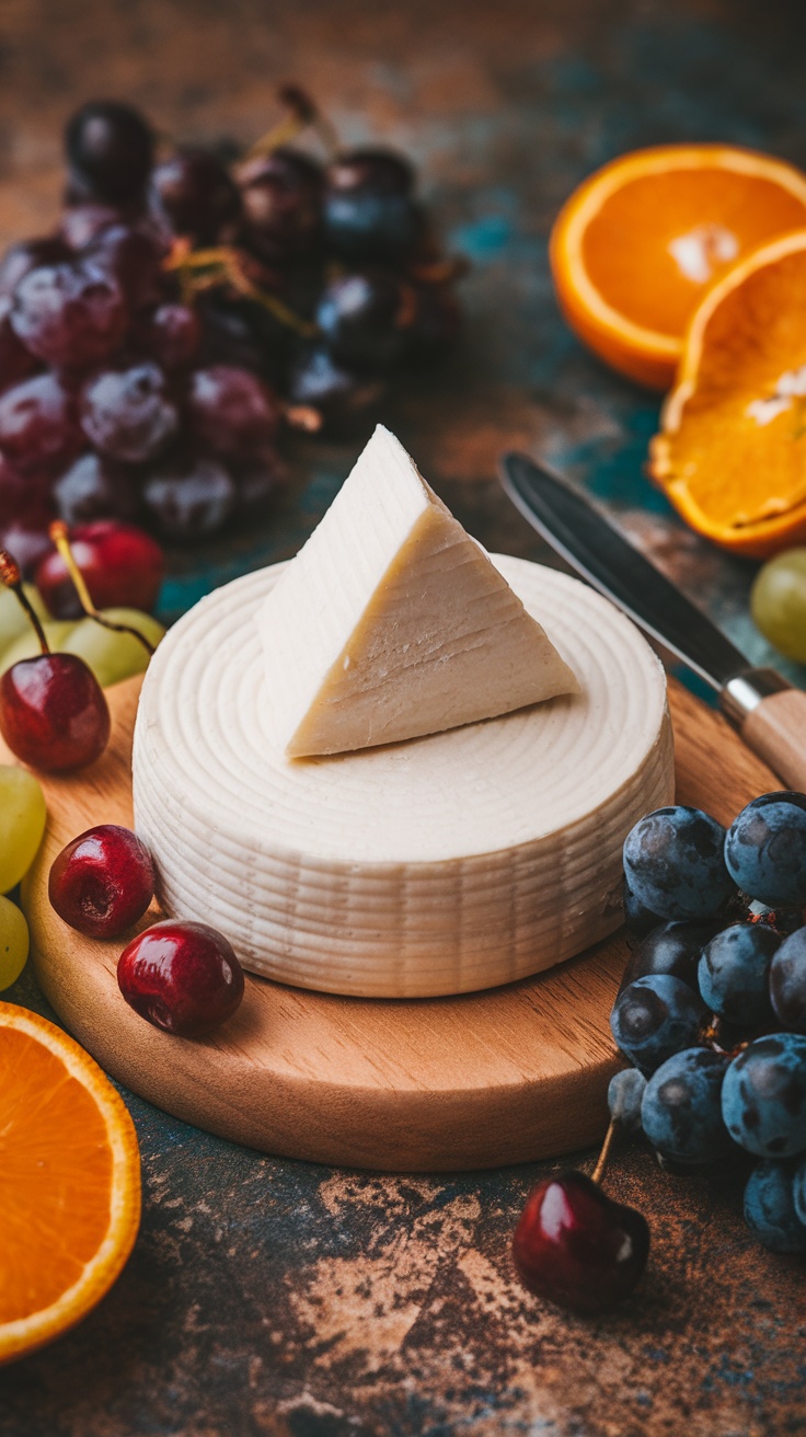 Queso vegano de coco acompañado de frutas como uvas, cerezas y naranjas.