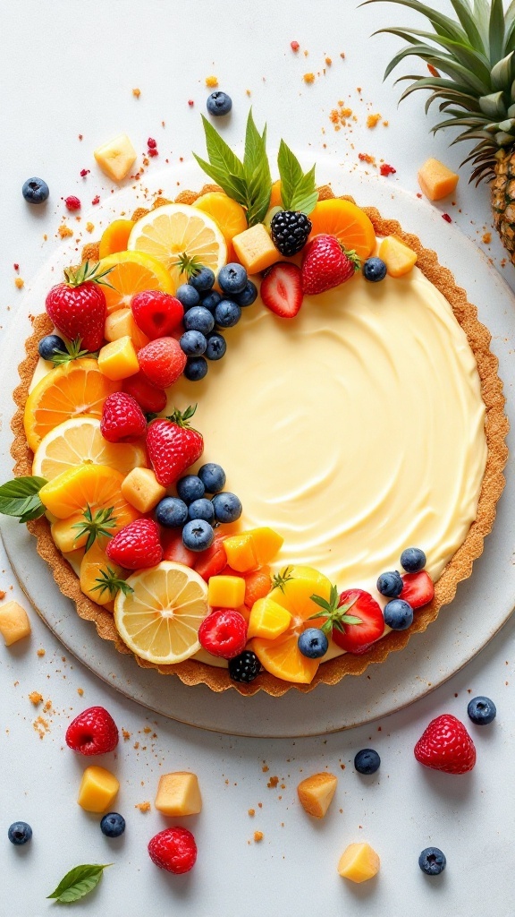 Tarta de frutas tropicales decorada con fresas, arándanos, mango y limón.