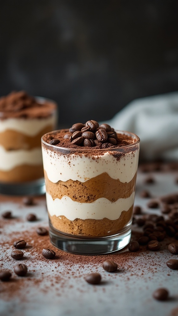 Tiramisú vegano en vaso con capas de crema y café