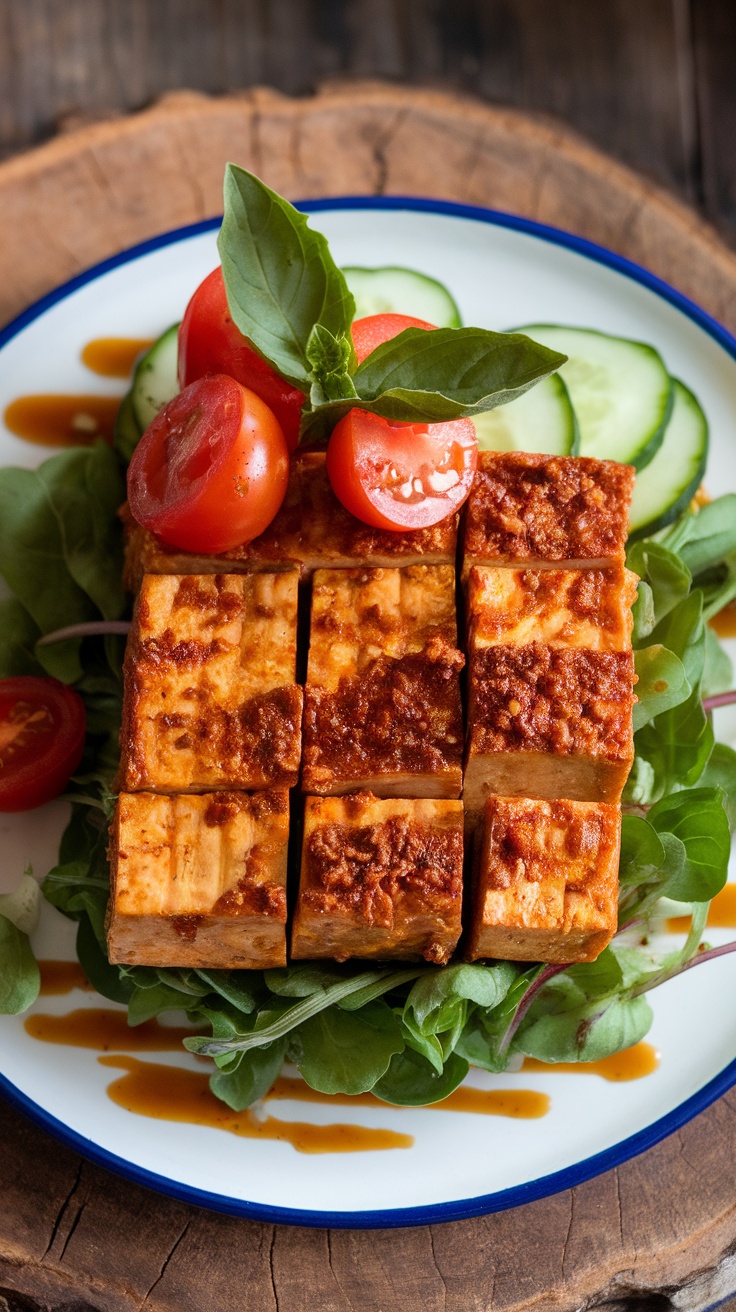 Plato de tofu dorado servido sobre una cama de verduras frescas y rodajas de tomate.