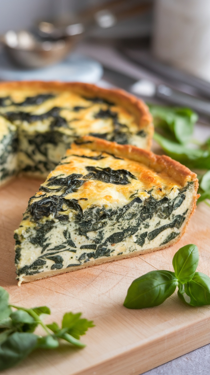 Tortilla de espinacas y queso feta en una tabla de madera