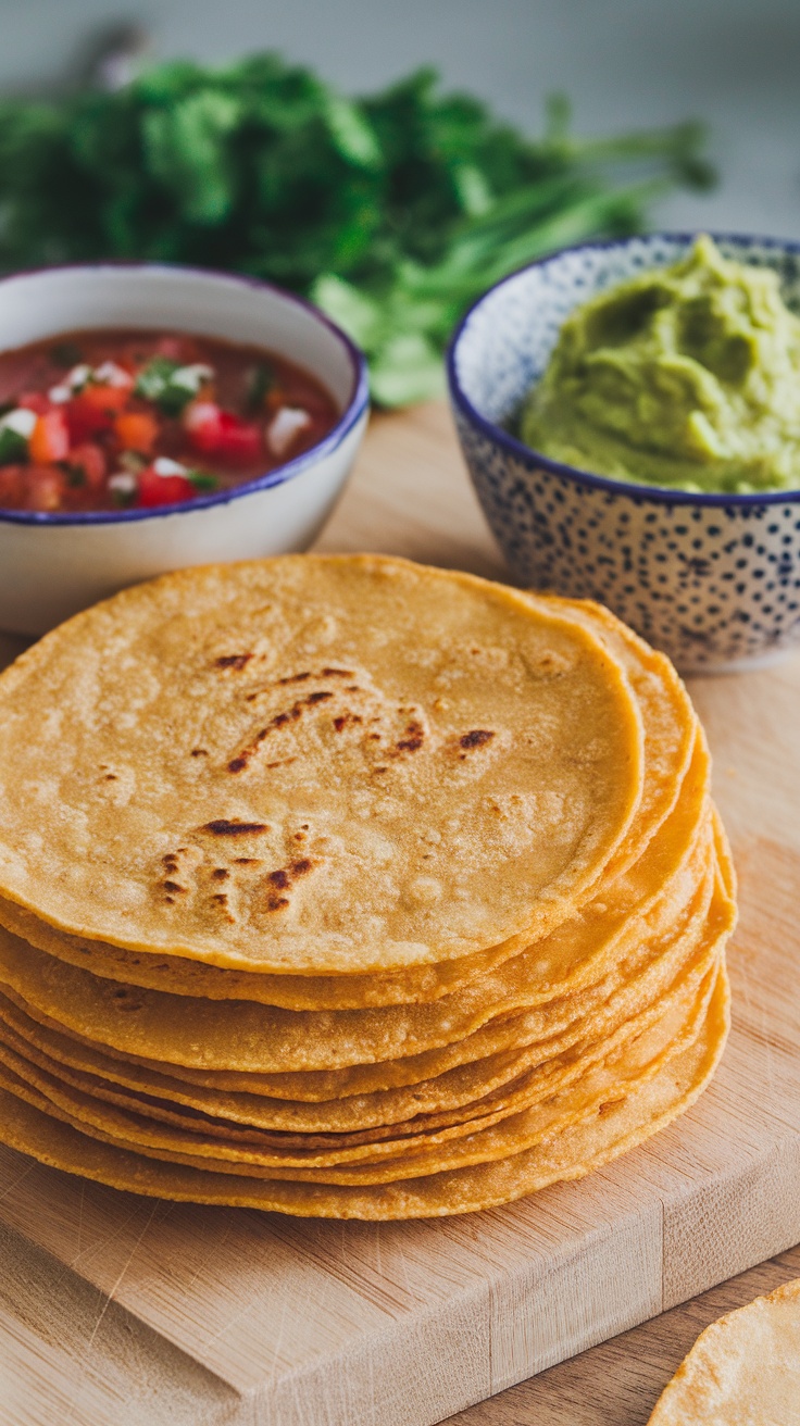 Tortillas de maíz crujientes apiladas con salsas al fondo