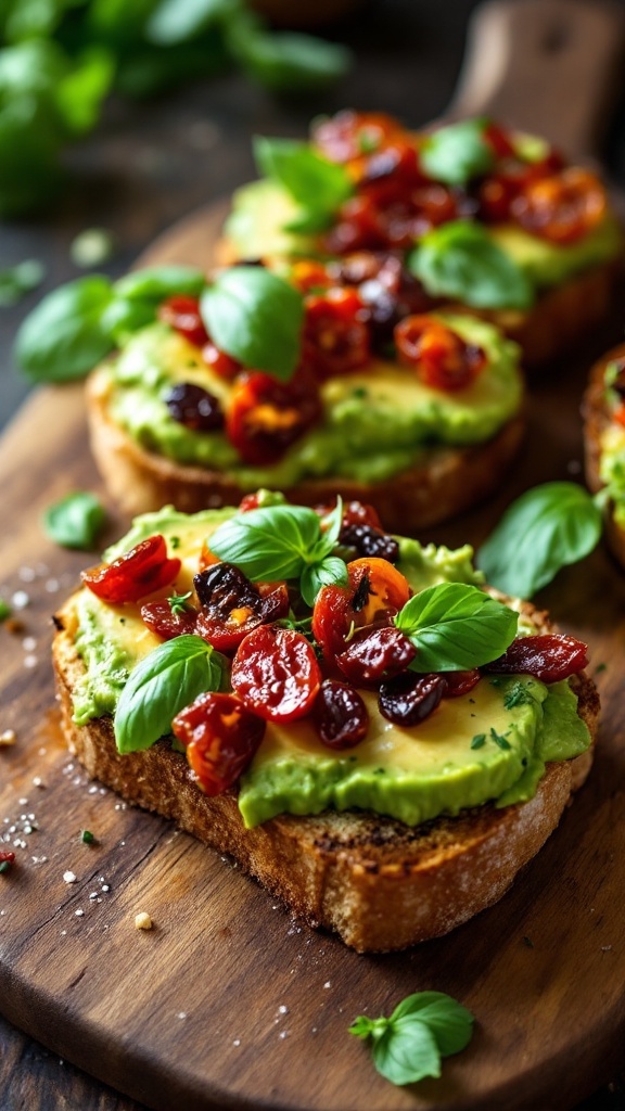 Tostadas de aguacate con tomate seco y albahaca fresca en una tabla de madera