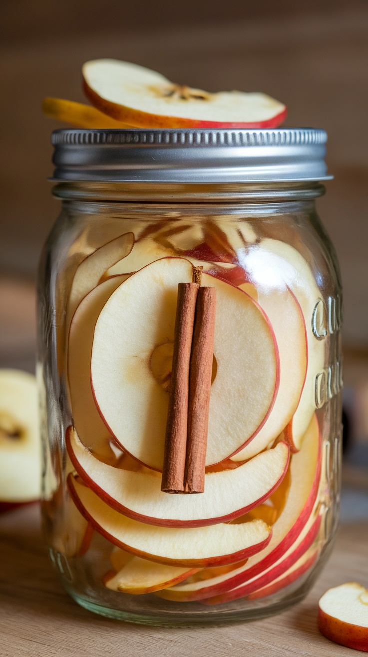 Trozos de manzana deshidratada en un frasco de vidrio con canela