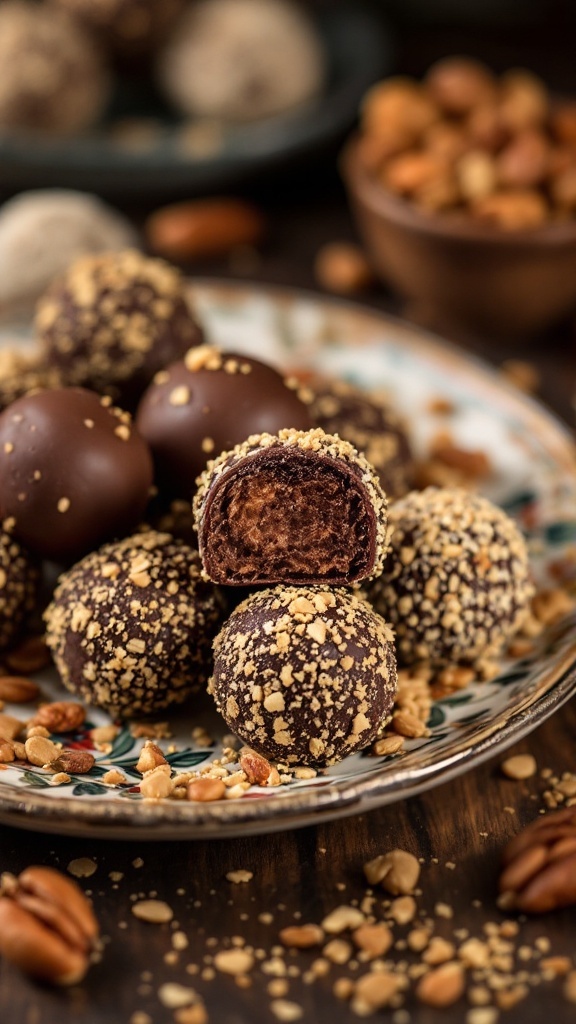 Trufas de chocolate decoradas con nueces en un plato