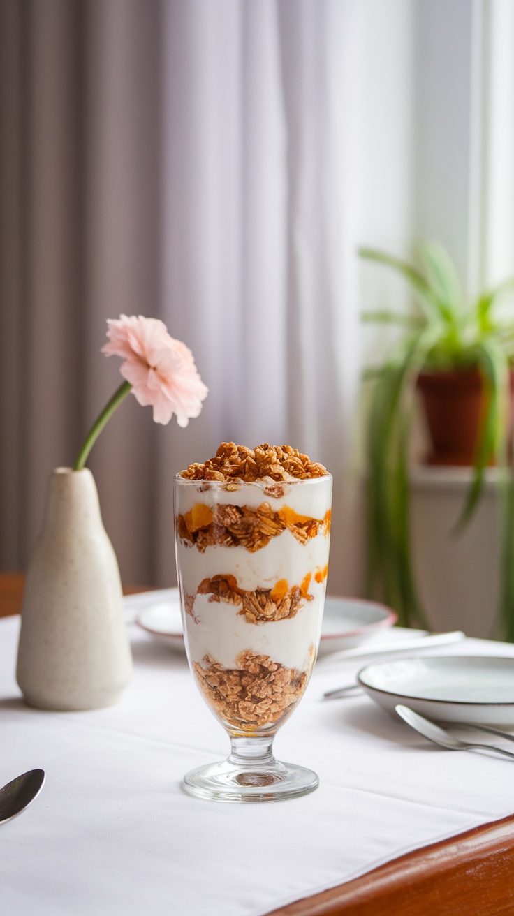 Vaso de yogur con granola y miel decorado con una flor