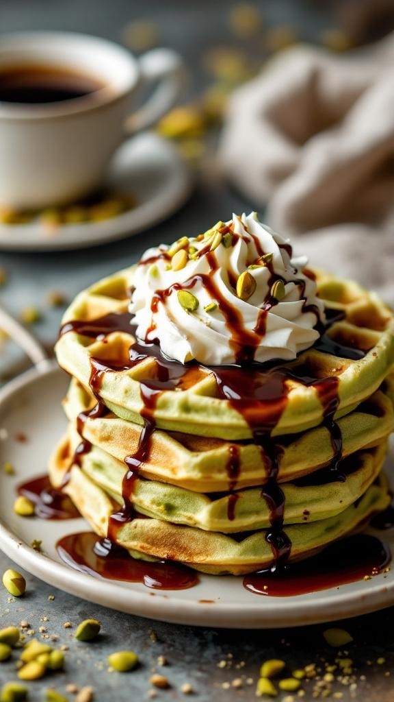 Waffles de Pistacho con Sirope de Café Mocha