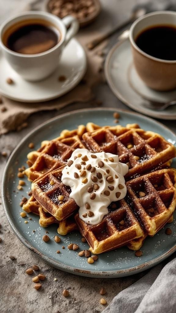 Waffles de Pistacho con Sirope de Café Mocha Waffles de pistacho con sirope de café mocha y crema batida, decorados con pistachos picados, sobre una mesa de madera.
