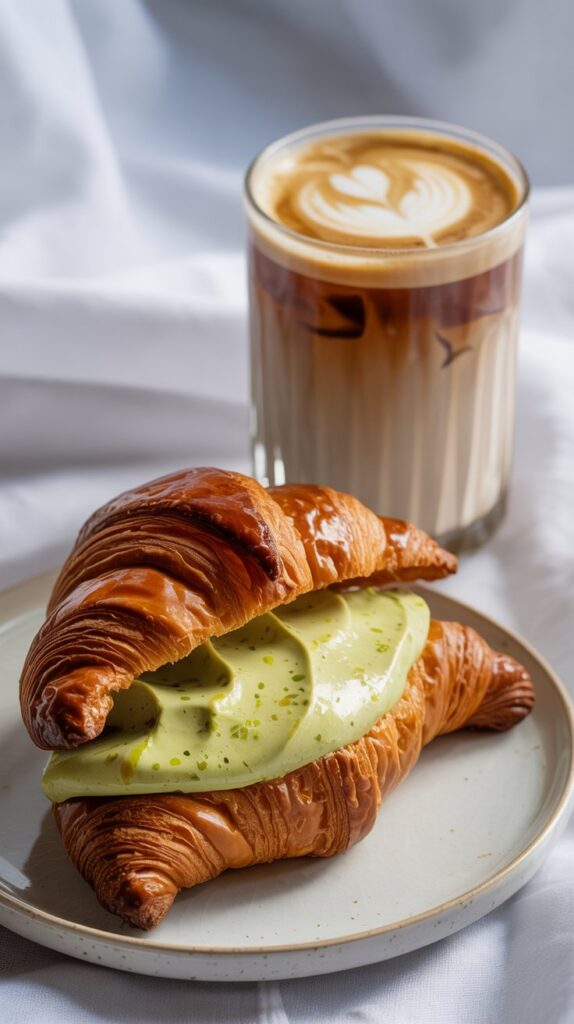 Croissant Relleno de Crema de Pistacho con Macchiato Frío Croissant Relleno de Crema de Pistacho con Macchiato Frío