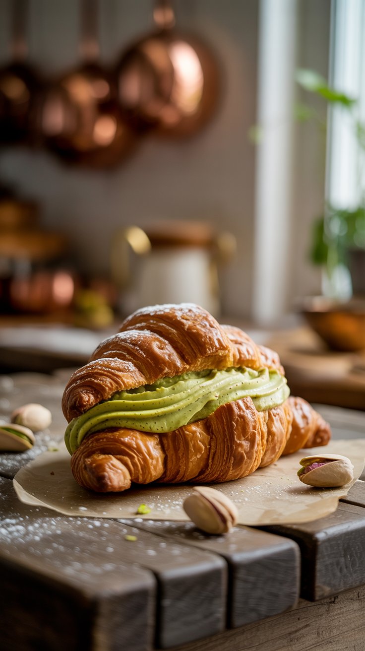Croissant Relleno de Crema de Pistacho con Macchiato Frío