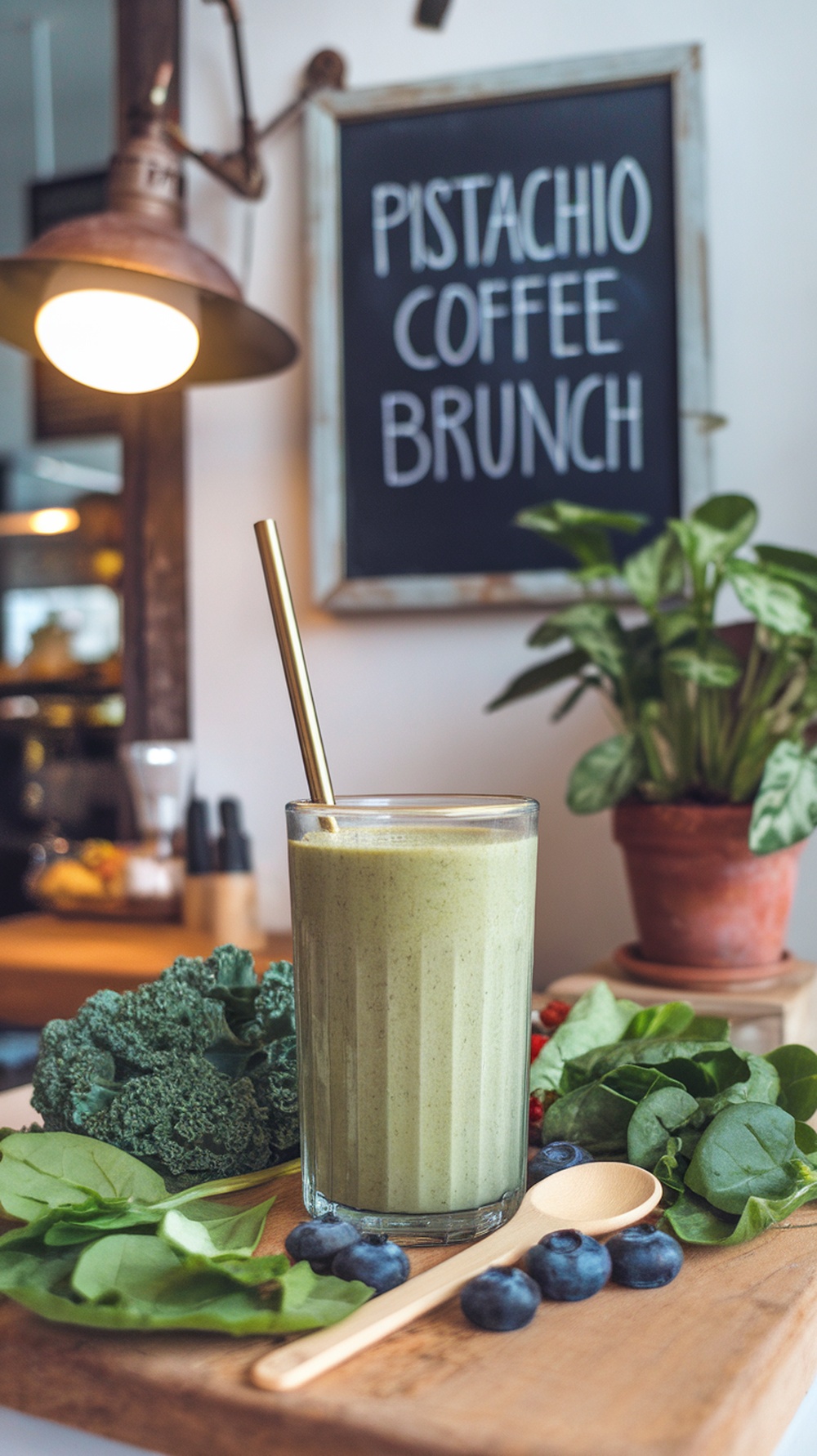 Batido energético de avena y espinacas con ingredientes frescos alrededor