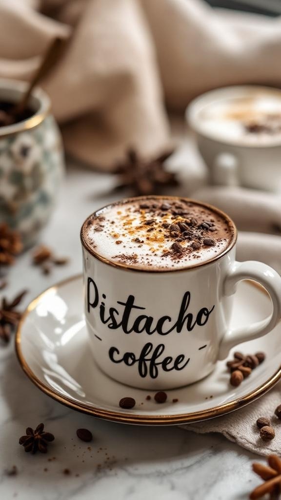 Taza de cacao con almendras, decorada con cacao en polvo y almendras troceadas.